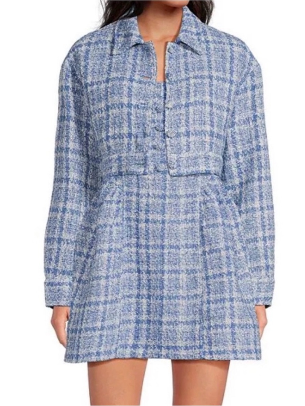Gianni Bini Blue Plaid Mini Dress And Cropped Blazer